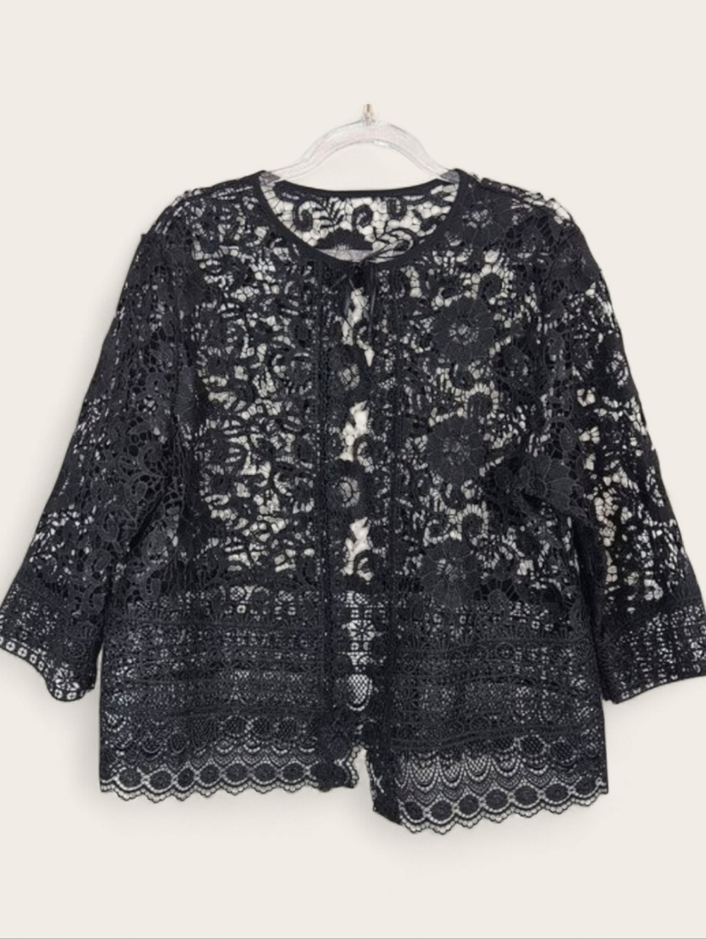 Elegant Black Whimsygoth Witchy Lace Open Cardigan Tassle Tie